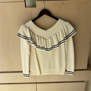 Self-Portrait Cream Off-the-Shoulder Ruffle Sweater with Navy Trim